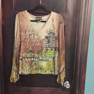 Artistic Long Sheer Sleeve Top with Scenic Print